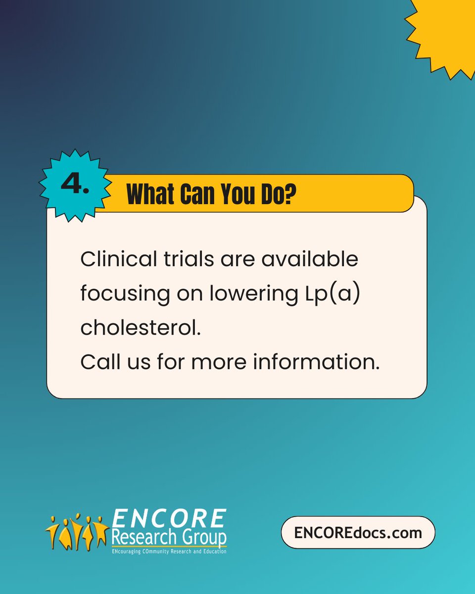 Encore_Research's tweet photo. Lp(a) cholesterol is an important but under-tested risk factor in heart health. If you have a family member who had a heart attack or stroke at an early age (before 50), you should have your Lp(a) level tested. Call us to learn about complimentary Lp(a) testing. (904) 730-0166 https://t.co/jFiiz6Nwgc