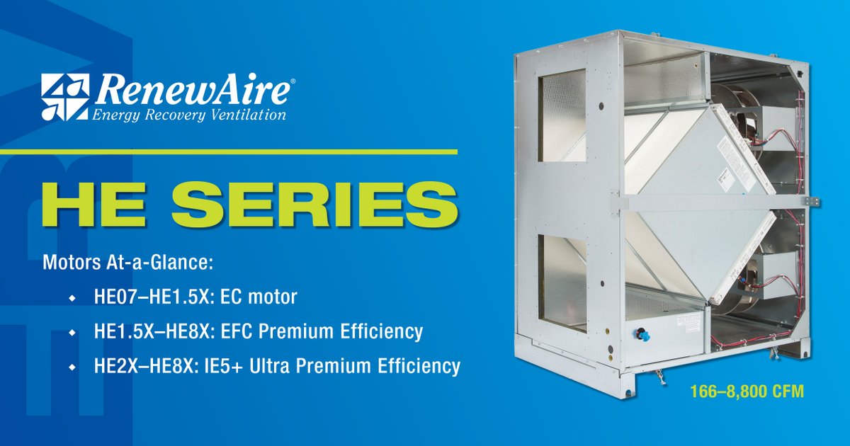 With a CFM range of 166-8000, our HE Series of commercial #ERVs are known for their #EnergySaving abilities. Whether it is an IE5+ ultra premium efficiency or EC motor, part of an HE's efficiency comes from the motor that we install.  #LearnMore: bit.ly/3WIUIeH