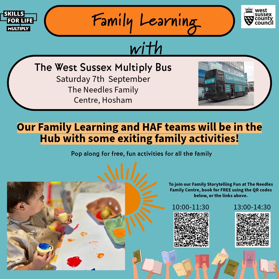 FAMILY LEARNING &amp; HAF WITH THE MULTIPLY BUS!🚌

Come along for a day of FREE activities☀

For Family Storytelling Fun, please book in advance (the event is free of charge) using the QR Codes below

#multiplybus #skillsforlife #familylearning #familyfun
