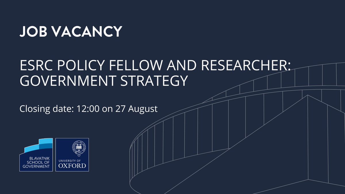 Blavatnik School of Government (@blavatnikschool) on Twitter photo 📢Job alert!
Apply now for the ESRC Policy Fellow and Researcher, focusing on Government Strategy. At the intersection of research and policymaking, this role will be a core part of the Heywood Fellowship team.
<a href="/ESRC/">Economic and Social Research Council</a> <a href="/HeywoodFndation/">Heywood Foundation</a> ⬇️
ow.ly/TEs950SXrRp 📢Job alert!
Apply now for the ESRC Policy Fellow and Researcher, focusing on Government Strategy. At the intersection of research and policymaking, this role will be a core part of the Heywood Fellowship team.
<a href="/ESRC/">Economic and Social Research Council</a> <a href="/HeywoodFndation/">Heywood Foundation</a> ⬇️
ow.ly/TEs950SXrRp
