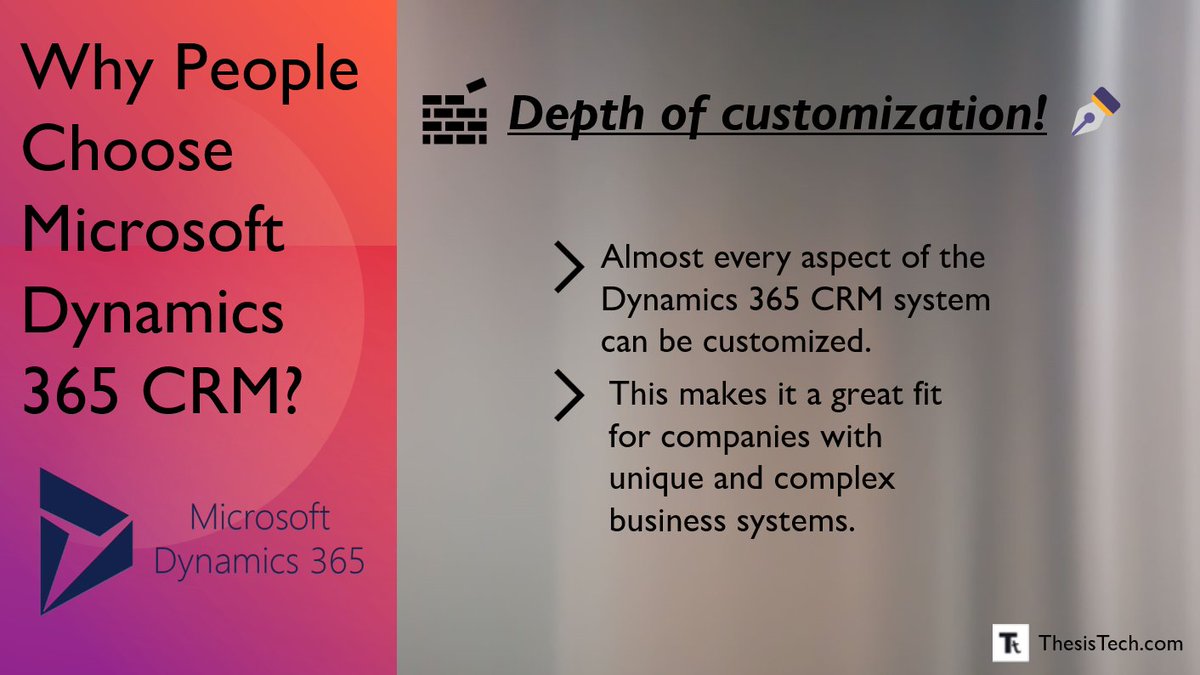 Why Companies Choose Dynamics 365 CRM
--Depth of Customization
Almost every aspect of the D365 CRM system can be customized which makes it a great fit for companies with unique &amp; complex business processes.

#Microsoft #Dynamics365 #D365

Full post:
thesistech.com/why-companies-…