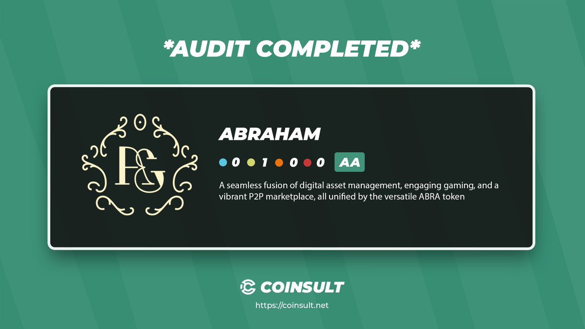 CoinsultAudits's tweet image. 🔒 AUDIT COMPLETED FOR ABRAHAM

🎁 GIVEAWAY: $20 (48 hours)

1⃣ Follow @AbrahamElite33 &amp;amp; @CoinsultAudits
2⃣ Like + RT this tweet
3⃣ Place a comment 💬

Go check out the full project page of Abraham 👇
coinsult.net/projects/abrah…

#giveaway #audit #smartcontract #cryptogiveaway…
