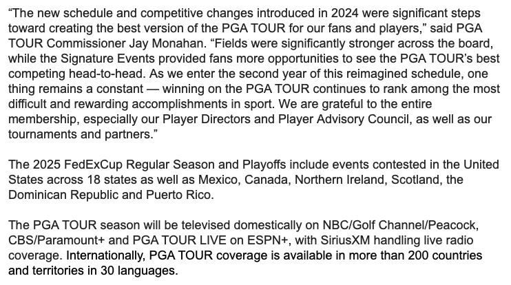 PGATOURComms's tweet photo. PRESS RELEASE: PGA TOUR releases 2025 FedExCup Season schedule https://t.co/mprIZwyGtj