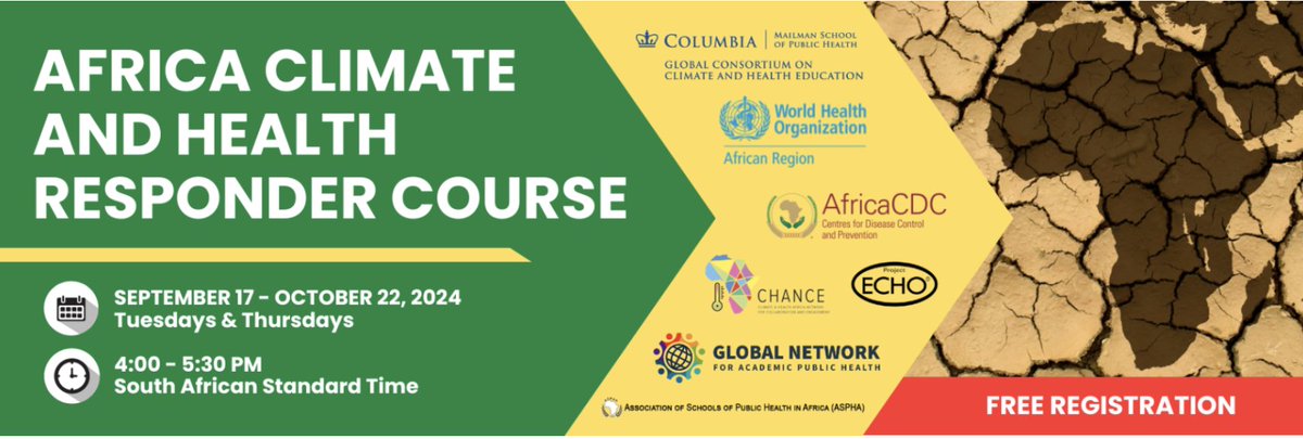 World Medical Association (@medwma) on Twitter photo 📢 NEW💡Announcing Africa Climate & Health Responder Course, free registration, 11 zoom sessions, 🗓️17 Sept - 22 Oct. Partnership <a href="/ColumbiaMSPH/">ColumbiaPublicHealth</a> <a href="/WHOAFRO/">WHO African Region</a> <a href="/AfricaCDC/">Africa CDC</a> <a href="/ProjectECHO/">Project ECHO</a>, ASPHA & Chance Africa. ➡️ ow.ly/SKUq50SXEba #climateandhealth #PublicHealth #healthcareafrica 📢 NEW💡Announcing Africa Climate & Health Responder Course, free registration, 11 zoom sessions, 🗓️17 Sept - 22 Oct. Partnership <a href="/ColumbiaMSPH/">ColumbiaPublicHealth</a> <a href="/WHOAFRO/">WHO African Region</a> <a href="/AfricaCDC/">Africa CDC</a> <a href="/ProjectECHO/">Project ECHO</a>, ASPHA & Chance Africa. ➡️ ow.ly/SKUq50SXEba #climateandhealth #PublicHealth #healthcareafrica