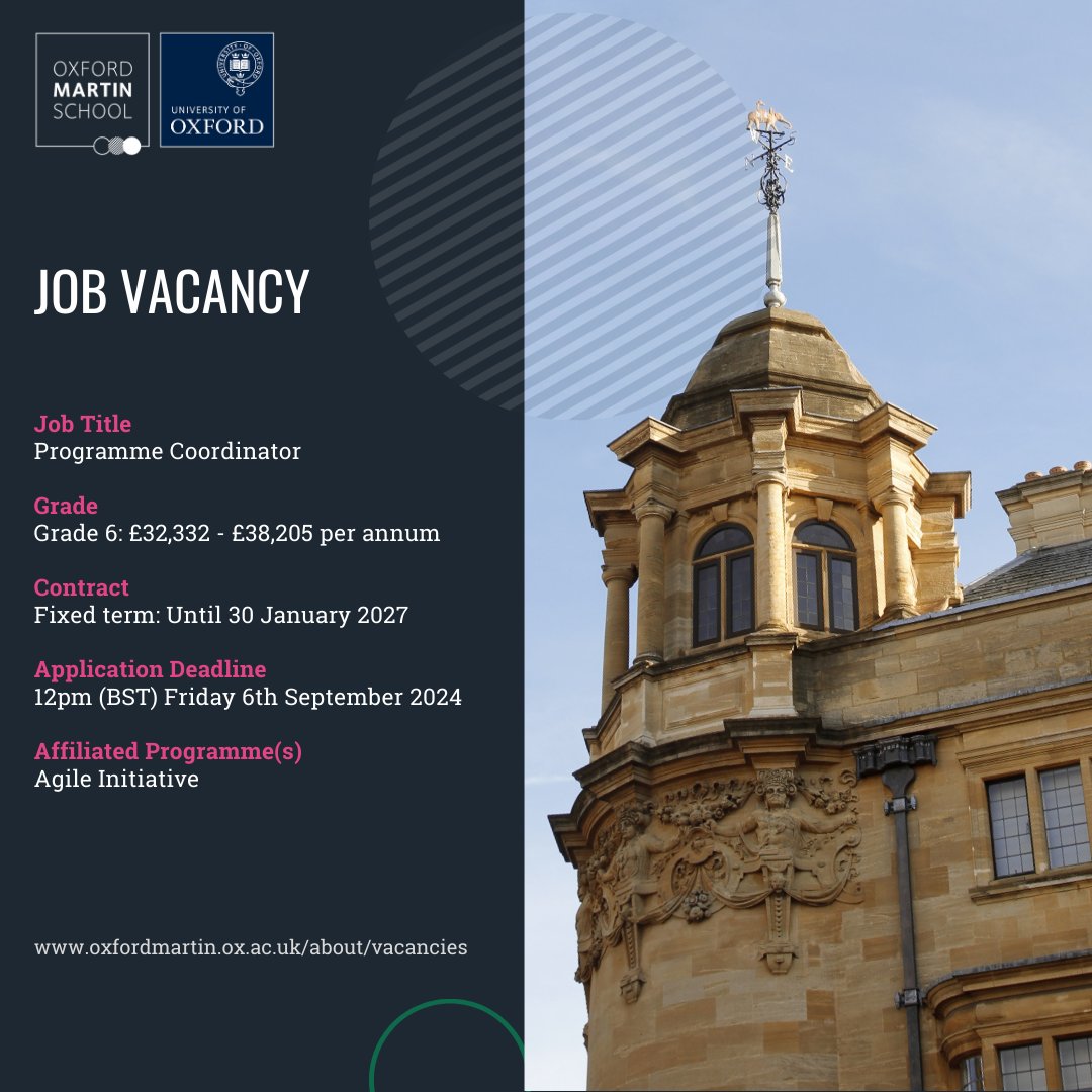 Oxford Martin School (@oxmartinschool) on Twitter photo Exciting opportunity at <a href="/oxmartinschool/">Oxford Martin School</a>!
We're looking for a Programme Coordinator to support the #AgileInitiative — an innovative programme bridging science and policy in environmental research.
📆 Deadline 6th Sept. More details: oxfordmartin.ox.ac.uk/about/vacancies
#ResearchJobs #Oxford Exciting opportunity at <a href="/oxmartinschool/">Oxford Martin School</a>!
We're looking for a Programme Coordinator to support the #AgileInitiative — an innovative programme bridging science and policy in environmental research.
📆 Deadline 6th Sept. More details: oxfordmartin.ox.ac.uk/about/vacancies
#ResearchJobs #Oxford