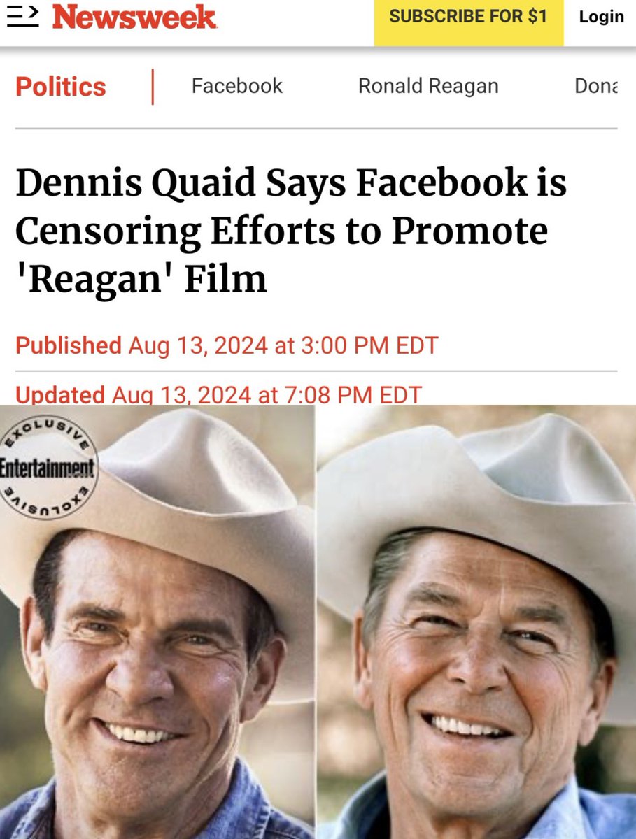 DC_Draino's tweet photo. Facebook is now censoring posts promoting the new “Reagan” movie

The content will be something as simple as a Reagan quote about how “America’s best days are ahead of us”

Reagan won 49/50 states, but FB will say these posts “can’t be boosted”

After media pressure, FB said these restrictions were an “error”

Funny how these “errors” only seem to go in 1 direction!