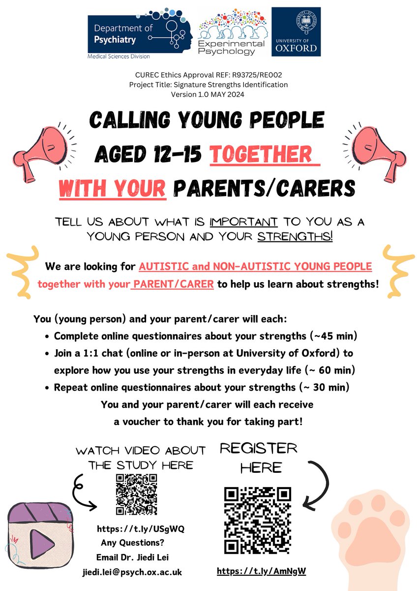 NEW RESEARCH: Calling autistic and non-autistic young people aged 12-15 years old and parents/carers to come and explore what young people's strengths are in everyday life! <a href="/topic_group/">TOPIC Research Group</a> <a href="/OxPsychiatry/">Oxford Psychiatry</a> 
Register 👉 t.ly/AmNgW 
Study video 👉 t.ly/USgWQ