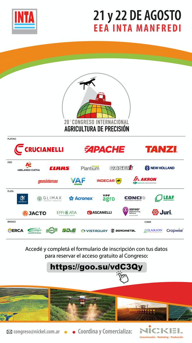 #NOVEDADES | ¡Se viene el El 20º Congreso Internacional de Agricultura de Precisión! 

🗓️ 21 y 22 de #Agosto 
📍 #INTAManfredi

✅Participarán referentes nacionales e internacionales 
🇦🇷🇵🇾🇧🇷🇪🇸 en la temática
 
👉🏼🤳🏼 Inscripción gratuita y programa completo
argentina.gob.ar/noticias/reser…
