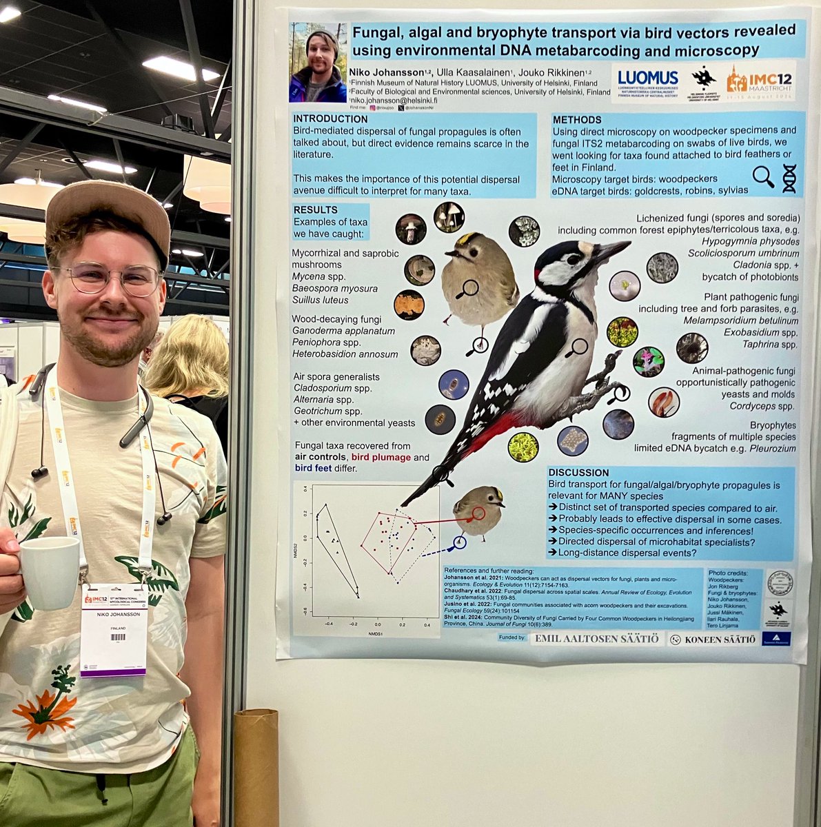 Animal-fungi interactions at <a href="/IMC12NL/">12th International Mycological Congress (IMC12)</a> :

Niko Johansson <a href="/JohanssonNr/">Niko Johansson</a> from <a href="/luomus/">Luomus</a> shows that birds disperse a diversity of ECM, saprotrophic fungi and lichens using microscopy and metabarcoding

#IMC12