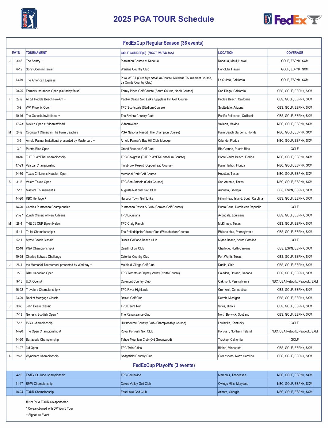 Pga Tour Schedule 2025 Printable Pga Tour Schedule 2025 Printable