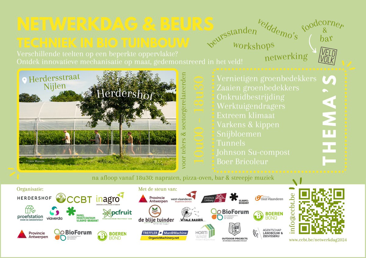 🌻Van harte welkom op onze Netwerkdag Techniek in bio tuinbouw op 19 september!

💛Te gast op het Herdershof in Nijlen

🚜Programma? Neem een kijkje op ccbt.be/netwerkdag2024 !

<a href="/PGroenteteelt/">Proefstation voor de groenteteelt</a>, @InagroBeitem, <a href="/Viaverda_be/">Viaverda</a>, <a href="/Boerenbond/">Boerenbond</a>, @BioForumVL en vele anderen...