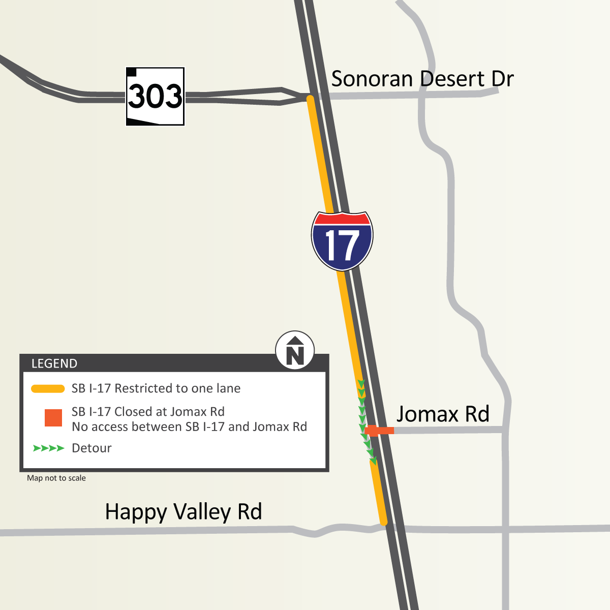 Southbound Interstate 17 will be closed at Jomax Road in north Phoenix this weekend for ongoing pavement improvement work.

The closure is scheduled from 9 p.m. Friday, Aug. 16, to 5 a.m. Monday, Aug. 19.

MORE: azdot.gov/news/weekend-a…