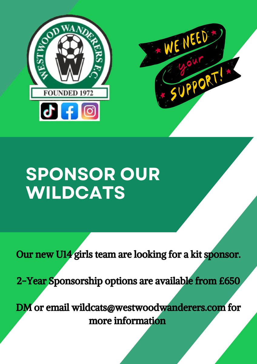 🚨🚨 Sponsorship Opportunity 🚨🚨

Our newly formed U14 Wildcats are looking for a kit sponsor for the 2024/25 &amp; 2025/26 season.

If you're interested in helping the girls and supporting local football please get in touch.