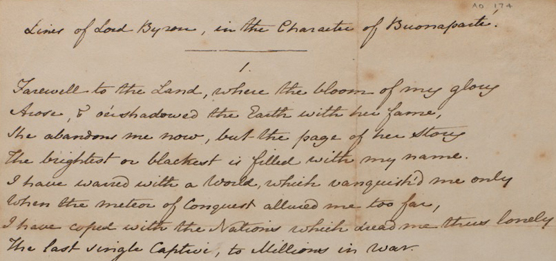 Today, 15 August, marks the birthday of Napoleon Bonaparte.
#DidYouKnow the Archives hold a poem "Napoleon's farewell" by Lord Byron in the hand of Jane Austen?
…universityofsouthampton.wordpress.com/2015/07/30/nap…