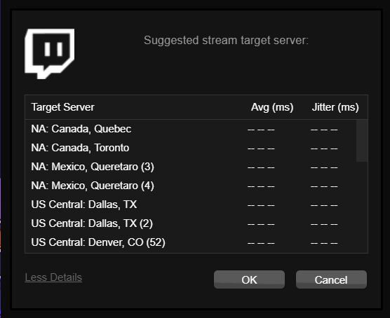 Dorkadia's tweet photo. If someone at @xsplit has any suggestions for this "broadcast terminated due to repeated restarts" issue, I'd love to hear it. Tried updating client and setting to auto and confirm, but it seems like there are no NA servers? https://t.co/Lp0P1CxSVD