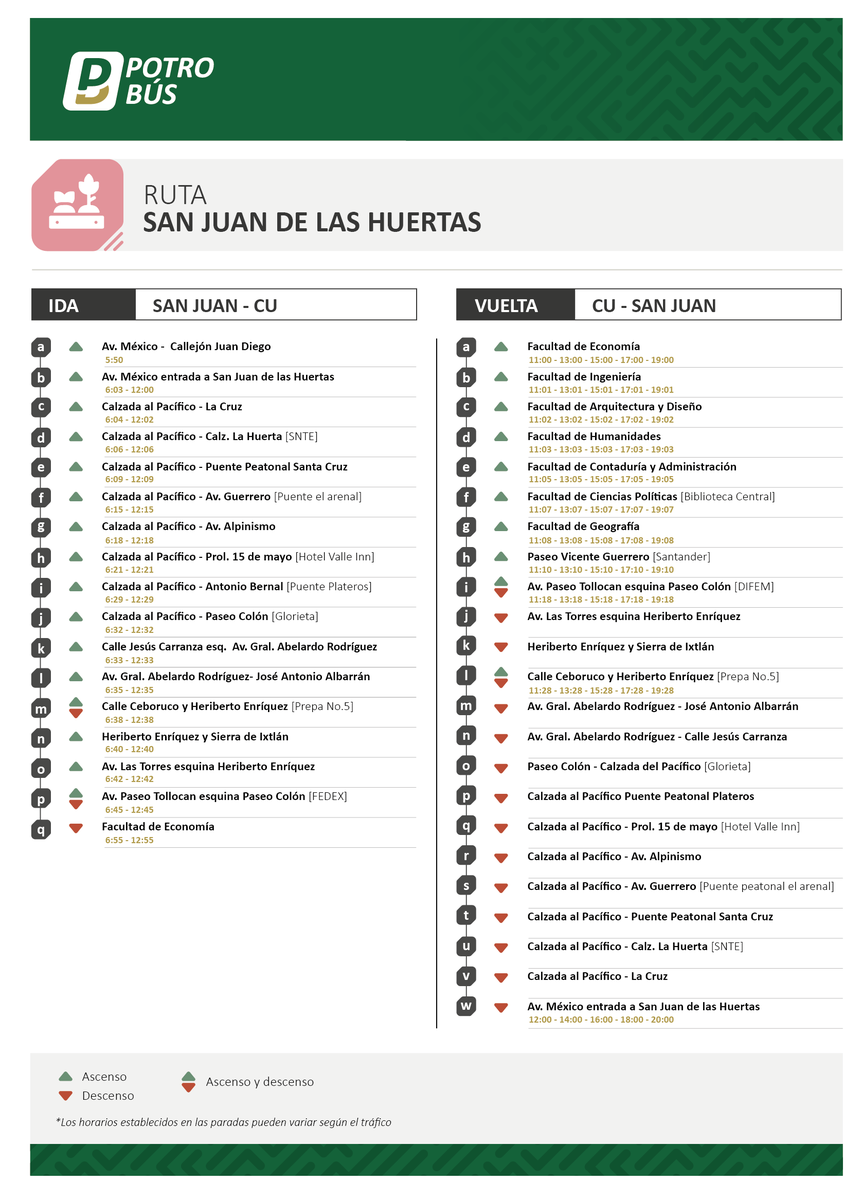 Te compartimos la ruta "San Juan de las Huertas" del Potro Bus.