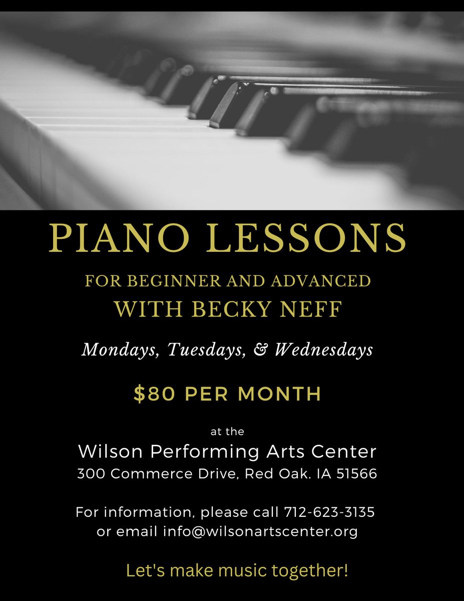 WilsonPerfArts's tweet photo. It's time to register for piano lessons at The Wilson! To do so, email info@wilsonartscenter.org or call 712-623-3135. #piano #lessons #WPAC #TheWilson https://t.co/A4X7VWoNgb