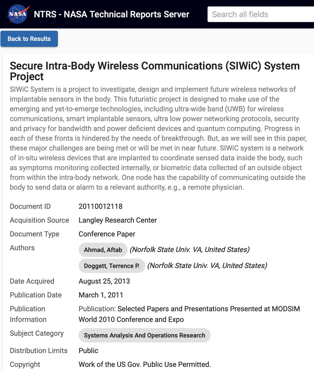 NASA

Secure Intra-Body Wireless Communications (SIWiC) System Project
ntrs.nasa.gov/citations/2011…