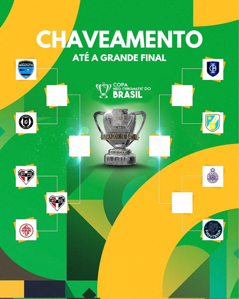 O Chaveamento até a GRANDE FINAL está se formando! Já temos o primeiro classificado e hoje temos mais dois confrontos. Mas e ai? QUEM VAI SER O GRANDE CAMPEÃO DA COPA NEOCHROMATIC DO BRASIL?

#ConquisteOPais
