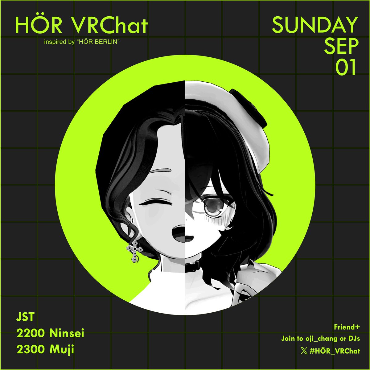 hoervrchat's tweet photo. HÖR VRChat   
2024-09-01 (Sun)   
DJs  
22:00(JST) @crowbar1942 
23:00(JST) @Muji_VR 
#HÖR_VRChat https://t.co/jwO7fV2o6M