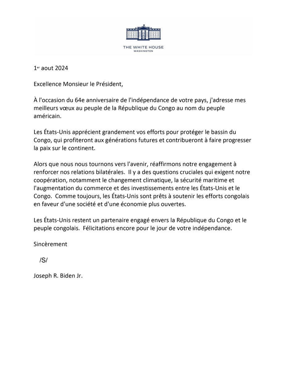 🇺🇸🇨🇬Lettre du Président Biden adressée au Président Denis Sassou NGuesso et au peuple congolais à l’occasion du 64ème anniversaire de l'indépendance de la République du Congo.