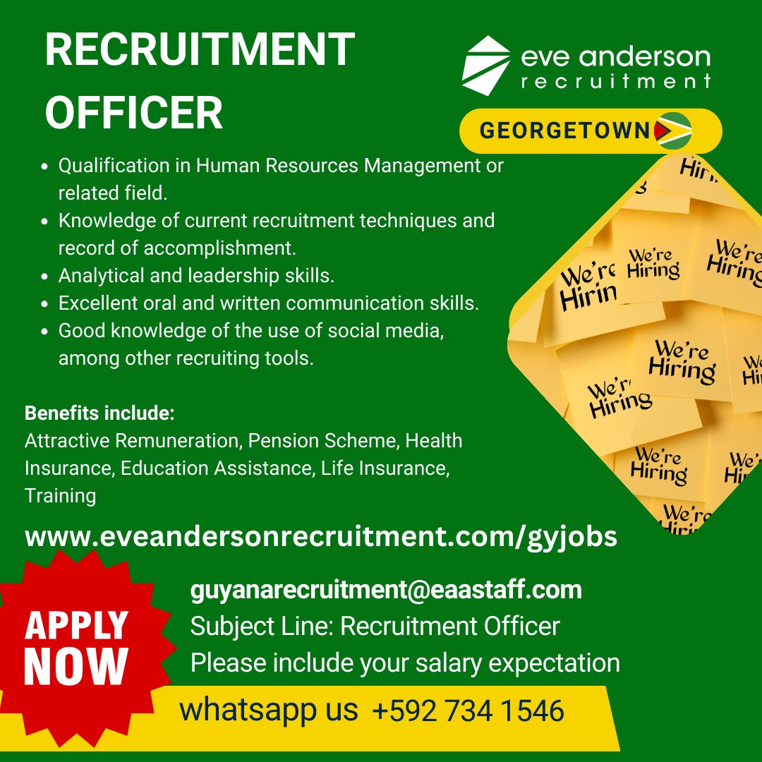 EveAndersonRecr's tweet photo. Calling #HR professionals Here's the other job opportunity in #Guyana! We're looking for a Recruitment Officer for our client in security services

Apply online https://t.co/VFR4dtuZOI

#guyanajobs #jobsinguyana #caribbeanjobs #eveandersonrecruitment #Recruiting  #HIRINGNOW https://t.co/SZeJ54efPx