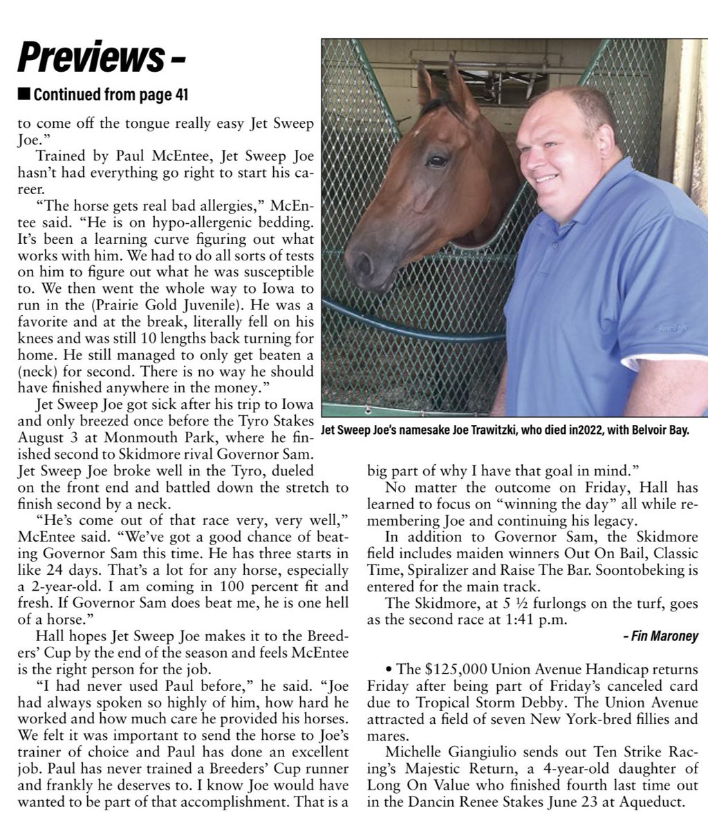 Sam Hall (@samhall34) on Twitter photo JET SWEEP JOE is ready for his #Saratoga debut on Friday - an early rematch with Governor Sam in the Skidmore, after their exciting battle in the Tyro at <a href="/MonmouthPark/">Monmouth Park</a>. A fantastic article about <a href="/TrawitzkiJoe/">Joe Trawitzki</a> and Jet Sweep Joe was published today by <a href="/saratogaspecial/">The Saratoga Special</a>. Thanks to JET SWEEP JOE is ready for his #Saratoga debut on Friday - an early rematch with Governor Sam in the Skidmore, after their exciting battle in the Tyro at <a href="/MonmouthPark/">Monmouth Park</a>. A fantastic article about <a href="/TrawitzkiJoe/">Joe Trawitzki</a> and Jet Sweep Joe was published today by <a href="/saratogaspecial/">The Saratoga Special</a>. Thanks to