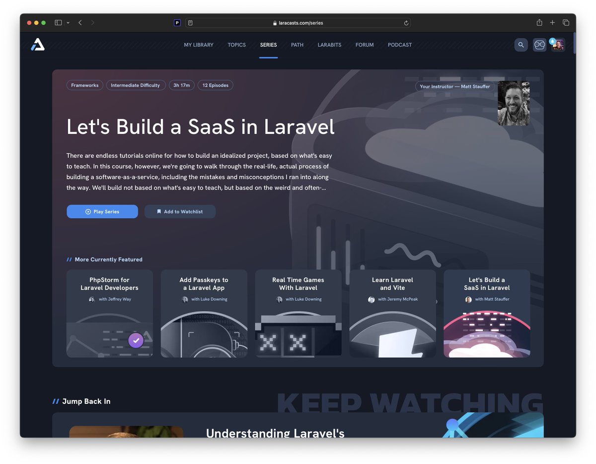 laracasts's tweet image. We're not done this week! 🔥
Today on Laracasts, join @stauffermatt as he reviews the full process of building a real-life SaaS from scratch, while accounting for the odd and inconvenient feature requests we often receive along the way.
laracasts.com/series/lets-bu…