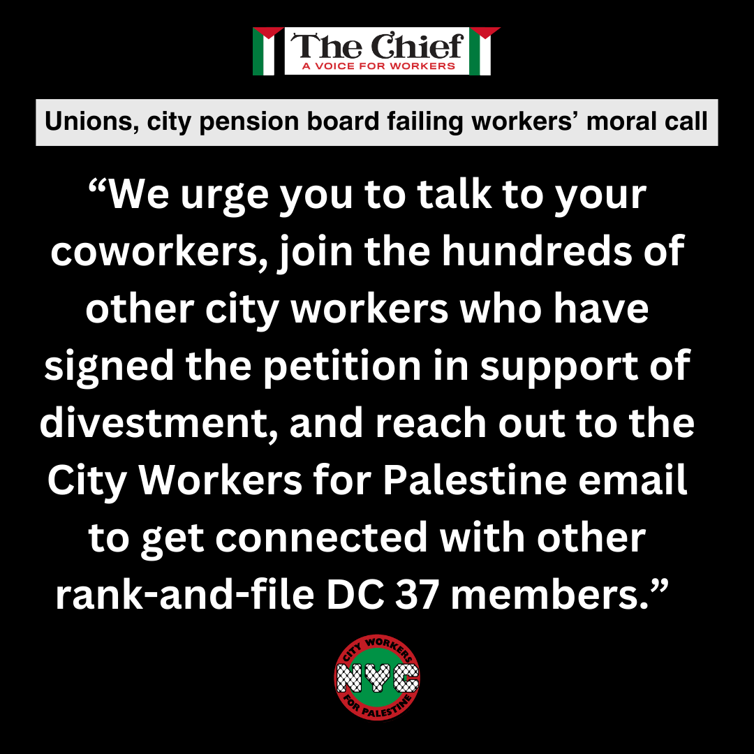 We're at the AFSCME convention, where delegates will vote on a resolution to divest from Israel. For months, DC 37 members have been organizing for divestment+Palestinian liberation, and have been met with strong opposition

Learn more in our latest Op-ed: bit.ly/ChiefOpEd