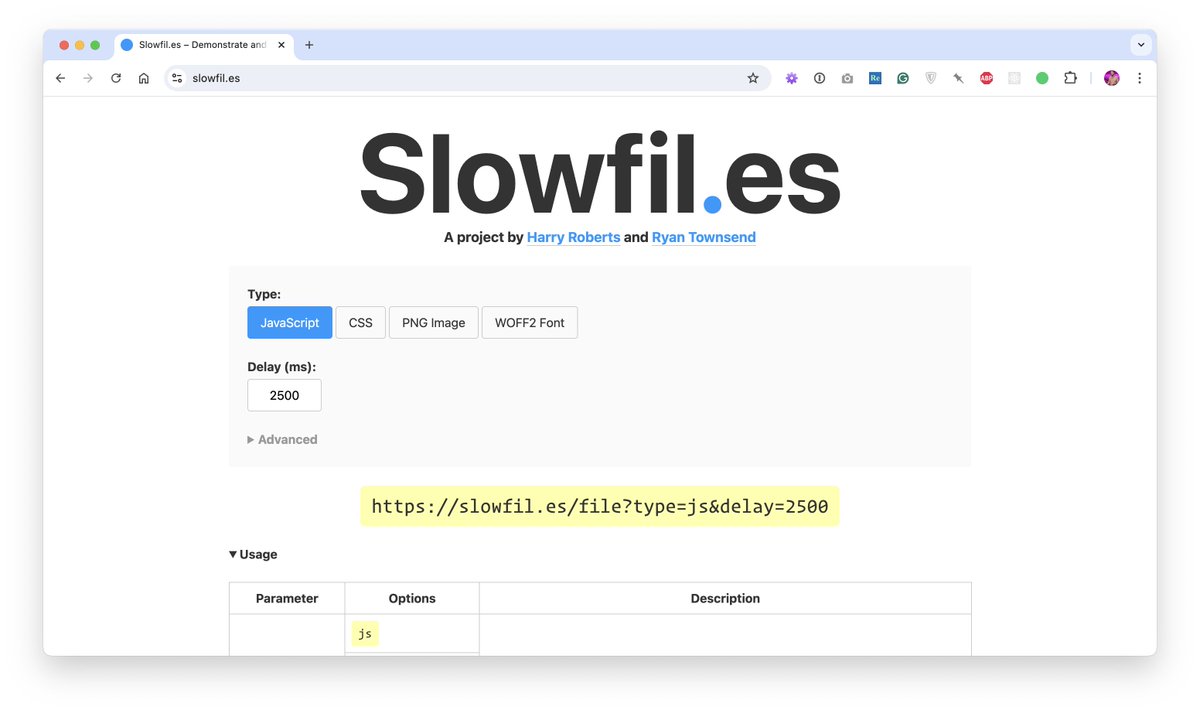Harry Roberts (@csswizardry) on Twitter photo Reminder that <a href="/RyanTownsend/">Ryan Townsend</a> (and, to a lesser extent, me) built <a href="/slowfiles/">Slowfil.es</a> to help you test the impact of slow-loading resources: slowfil.es Reminder that <a href="/RyanTownsend/">Ryan Townsend</a> (and, to a lesser extent, me) built <a href="/slowfiles/">Slowfil.es</a> to help you test the impact of slow-loading resources: slowfil.es