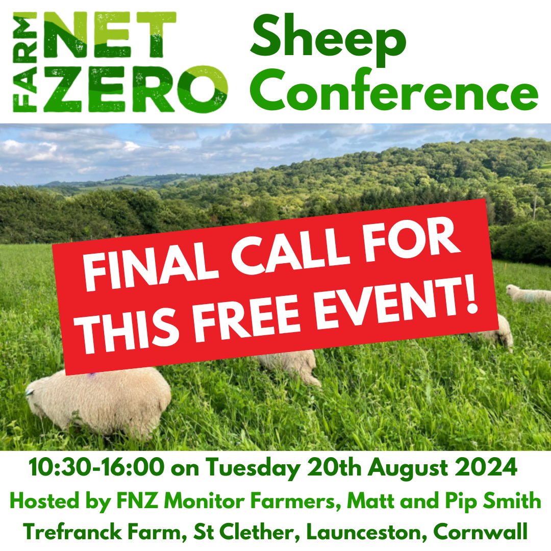 FarmCO2Toolkit's tweet photo. 📢FINAL CALL!
Join us on Tue 20 August for the FREE #FarmNetZero Sheep Conference, hosted by FNZ Monitor Farmers Matt &amp; Pip Smith at Trefranck Farm near Launceston, #Cornwall. FREE event but booking is essential for a pasty lunch!👇
https://t.co/3UNnu2AirF
#sheep #britishfarming https://t.co/dUEMlMnqcK