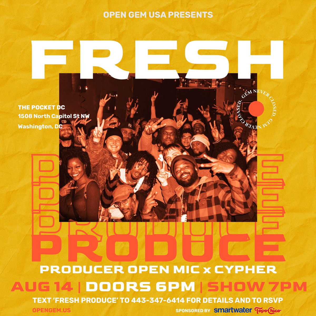 TODAY! Meet us at <a href="/ThePocketDC/">The Pocket</a> for FRESH PRODUCE ! Our open aux for producers and cypher for artists! 

Featuring <a href="/ANKHLEJOHN/">BIG LORDY</a> x <a href="/TheUptownSound_/">do i look happy ? DO I LOOK HAPPY TO YOU ?!</a> x <a href="/kisakimusic/">KISAKI 👾 @ Nocturne Rave Arcade Edition</a> 

RSVP for free @ OpenGem.US