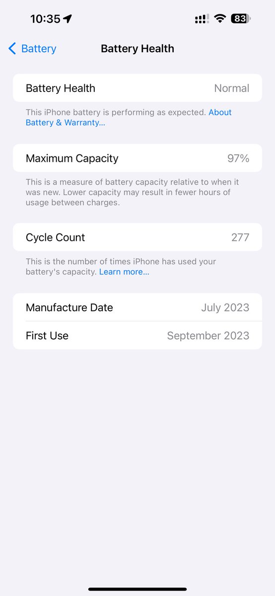 falkirk81's tweet photo. @zollotech Launch day purchase iPhone 15 pro max. Battery health only started going down recently! https://t.co/BoOYBSAbNL