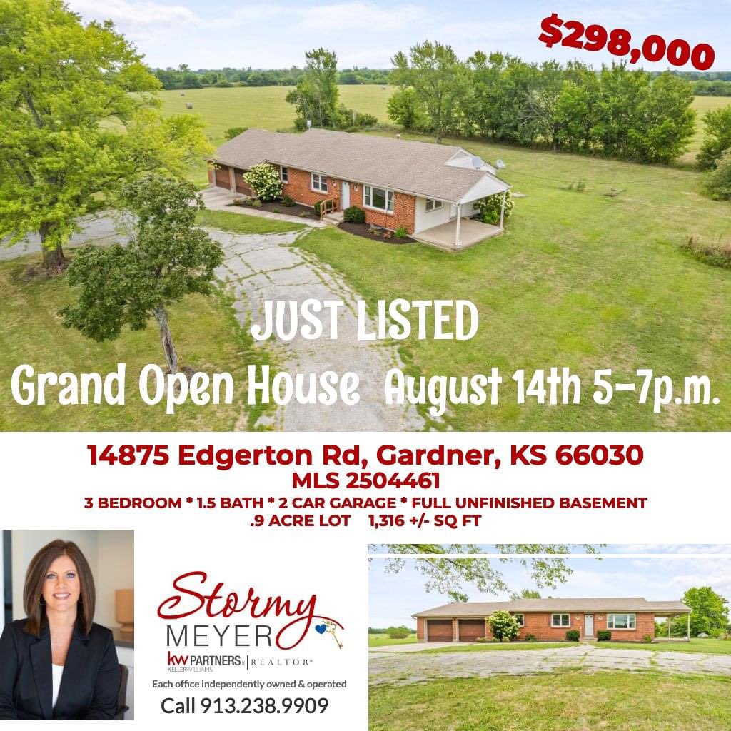 Are you looking for this? Listed for $298,000. Gardner, ks, Johnson county, Country living, nearly an acre, one level ranch house w/basement, room to expand, remodel. Priced to sell “as is”. Listed by: Stormy Meyer, Keller Williams Realty.