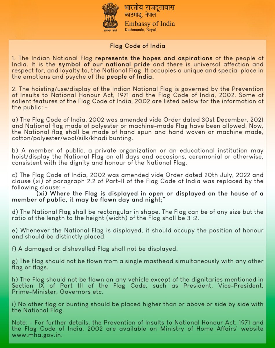 IndiaInNepal's tweet image. The Indian National Flag 🇮🇳 embodies the dreams &amp;amp; hopes of India, standing as a testament to our collective national aspiration. As Indians, we must adhere to the Flag Code of India, 2002👇

#IndianFlagCode #HarGharTiranga2024