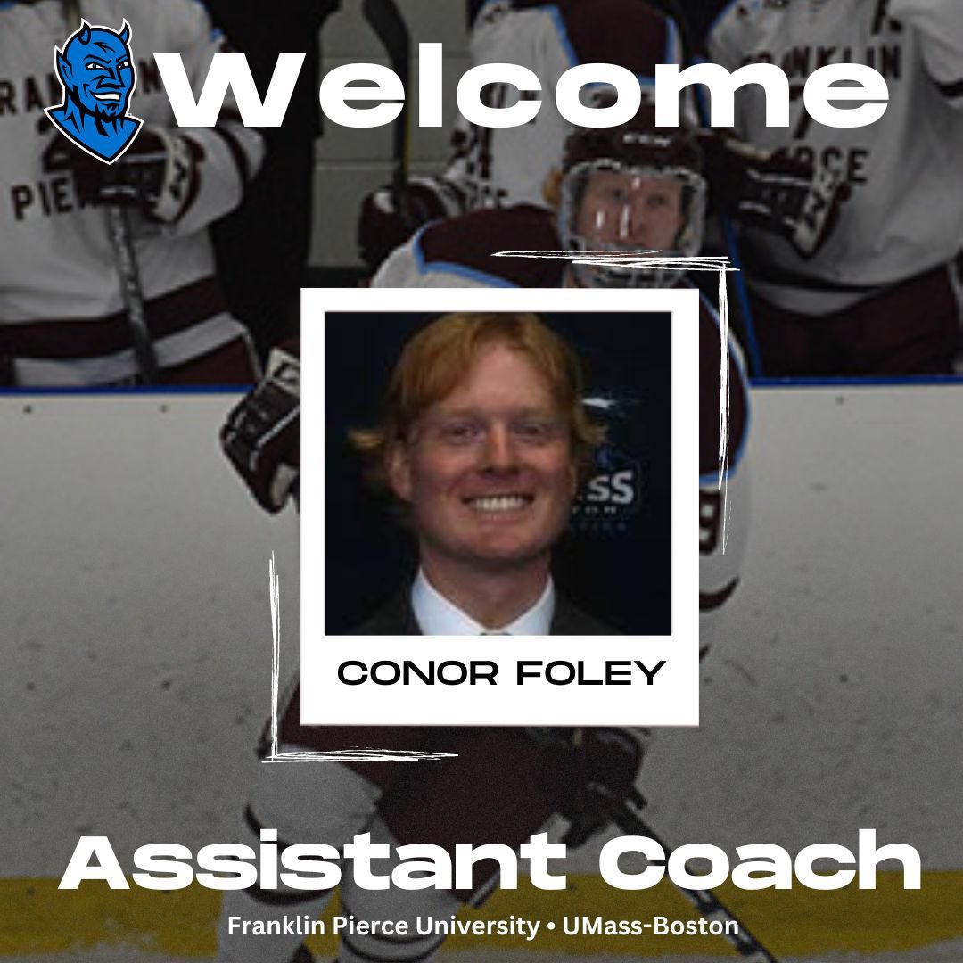We’d like to give a warm welcome to our new Assistant Coach Conor Foley! 
Conor played at Franklin Pierce ending his 4 year career there with 44 goals and 51 assists, Roscoe Sweeney Award Rookie of the Year &amp; many other great awards. He played at UMass-Boston his grad year.🏒🏒