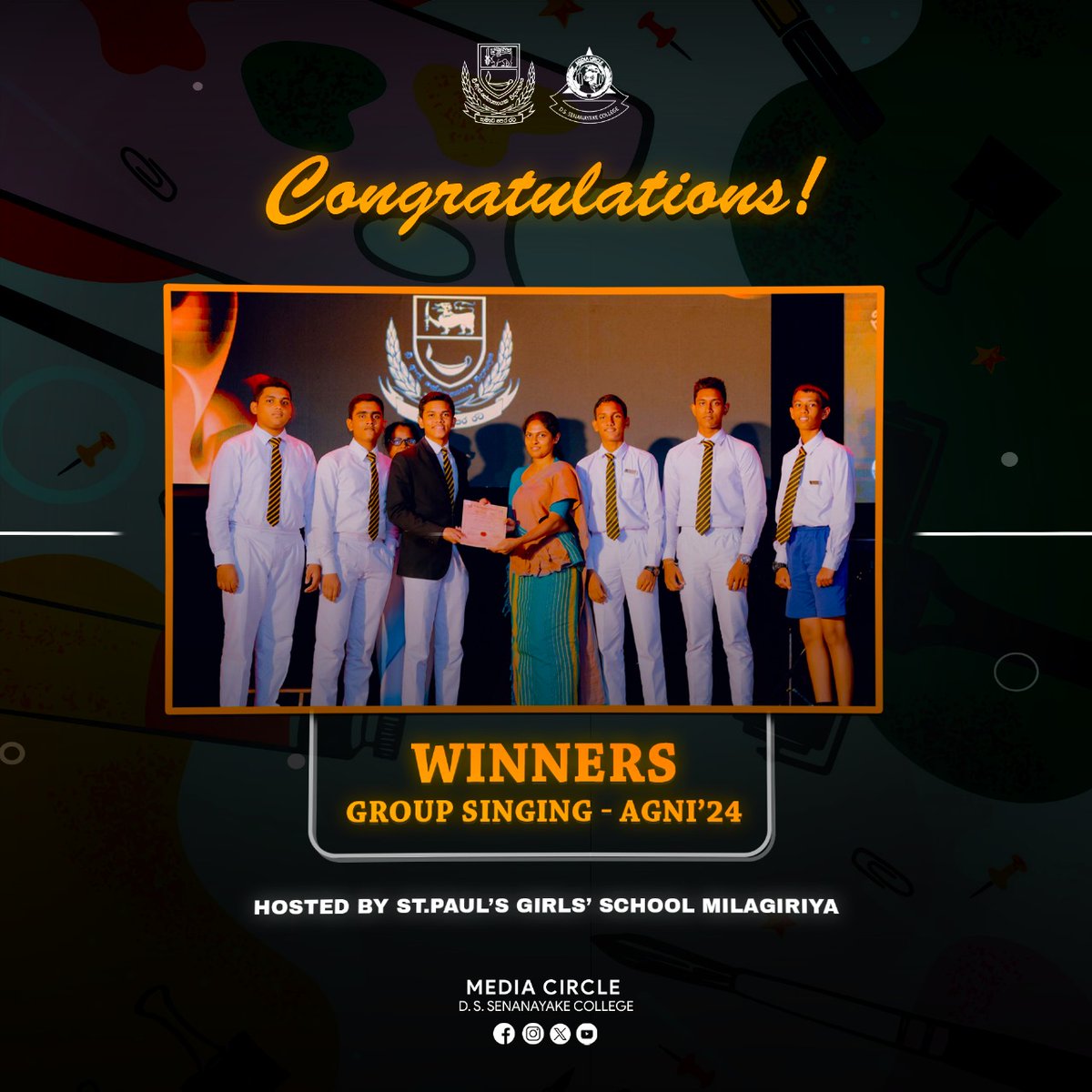 MCDSSC's tweet photo. Warmest congratulation to the fellow brothers of the Arts Society, for emerging the champions on the group singing competition of the Agni '24 organized by St. Paul's Girls' School Milagiriya.

#mcdssc
#dssc https://t.co/wK2c9hR4fY