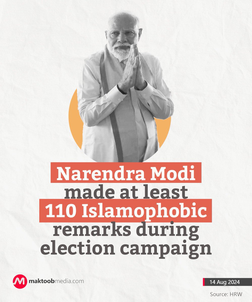 MaktoobMedia's tweet photo. Human Rights Watch said it analysed all 173 campaign speeches by Narendra Modi after the election code of conduct took effect on March 16 in India. The code forbids appealing to “communal feelings for securing votes.” In at least 110 speeches, Modi made Islamophobic remarks apparently intended to undermine the political opposition, which he said only promoted Muslim rights, and to foster fear among the majority Hindu community through disinformation.

https://t.co/BxsvQXgvxw
