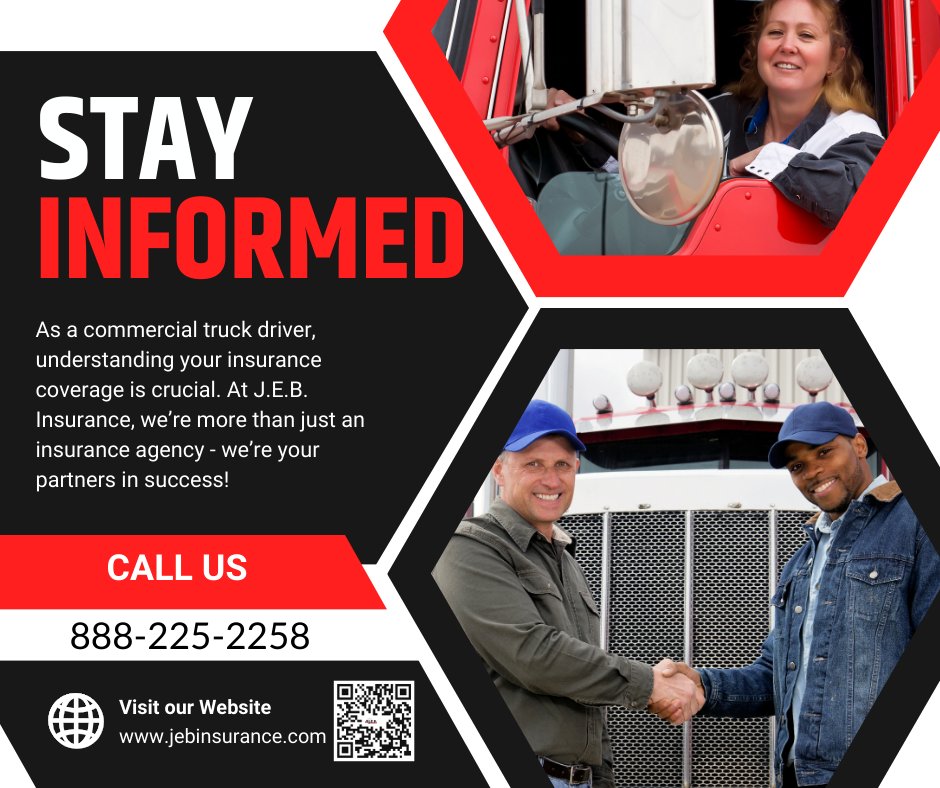 JEBInsurance's tweet image. 📈 As a commercial truck driver, understanding your insurance coverage is crucial. With J.E.B. Insurance, you'll have access to expert guidance and support every step of the way. Stay informed, stay protected! #jebinsurance #insuranceexpertise #truckdriversafety  #truckinsurance