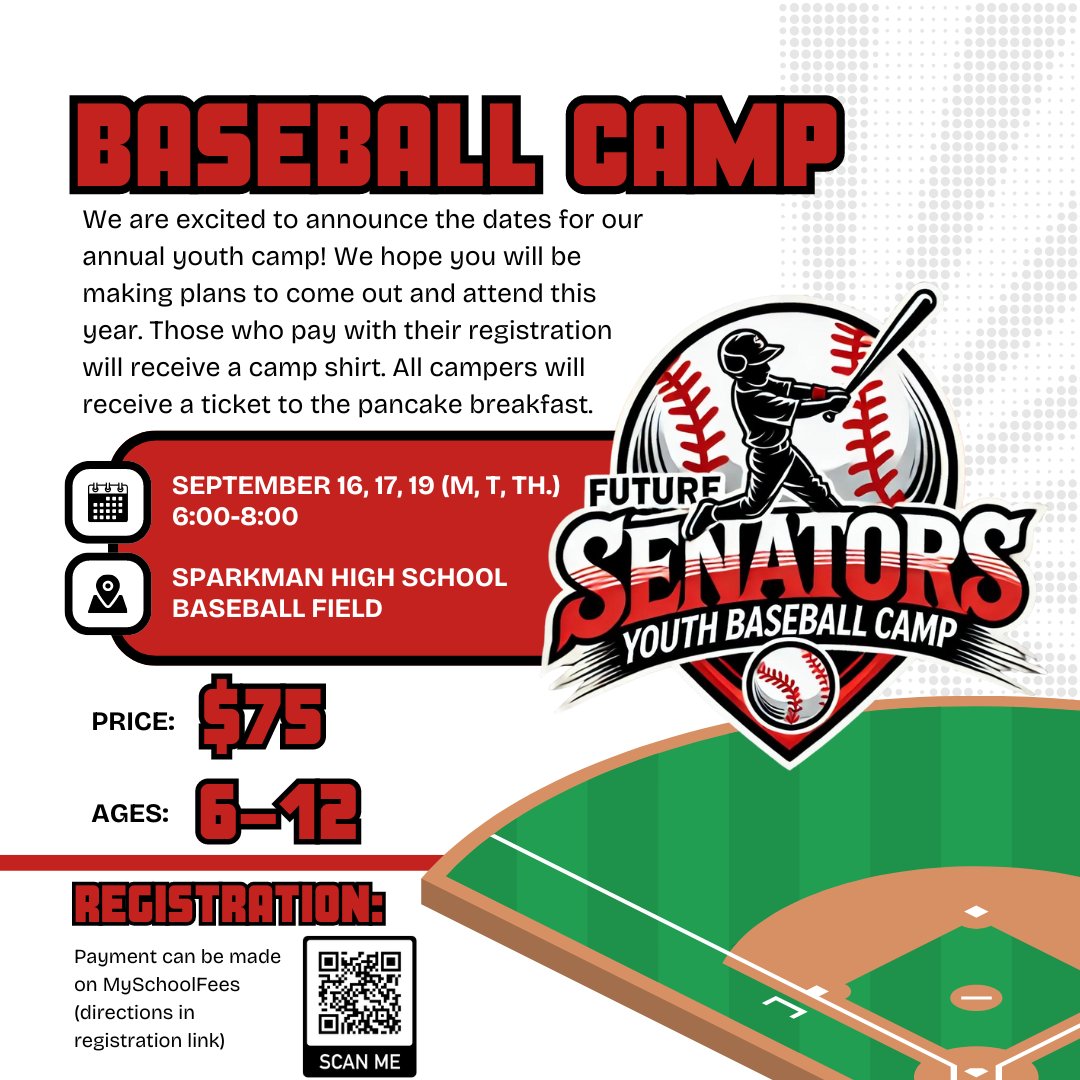 That time of year is coming up once again! Be making plans for your Future Senators to come to our youth camp! This is always such a fun event for our program and the community. Get registered today! #GoSenators 
Hit the QR code 🔗 below!
forms.gle/gwqKibBJN6YinE…