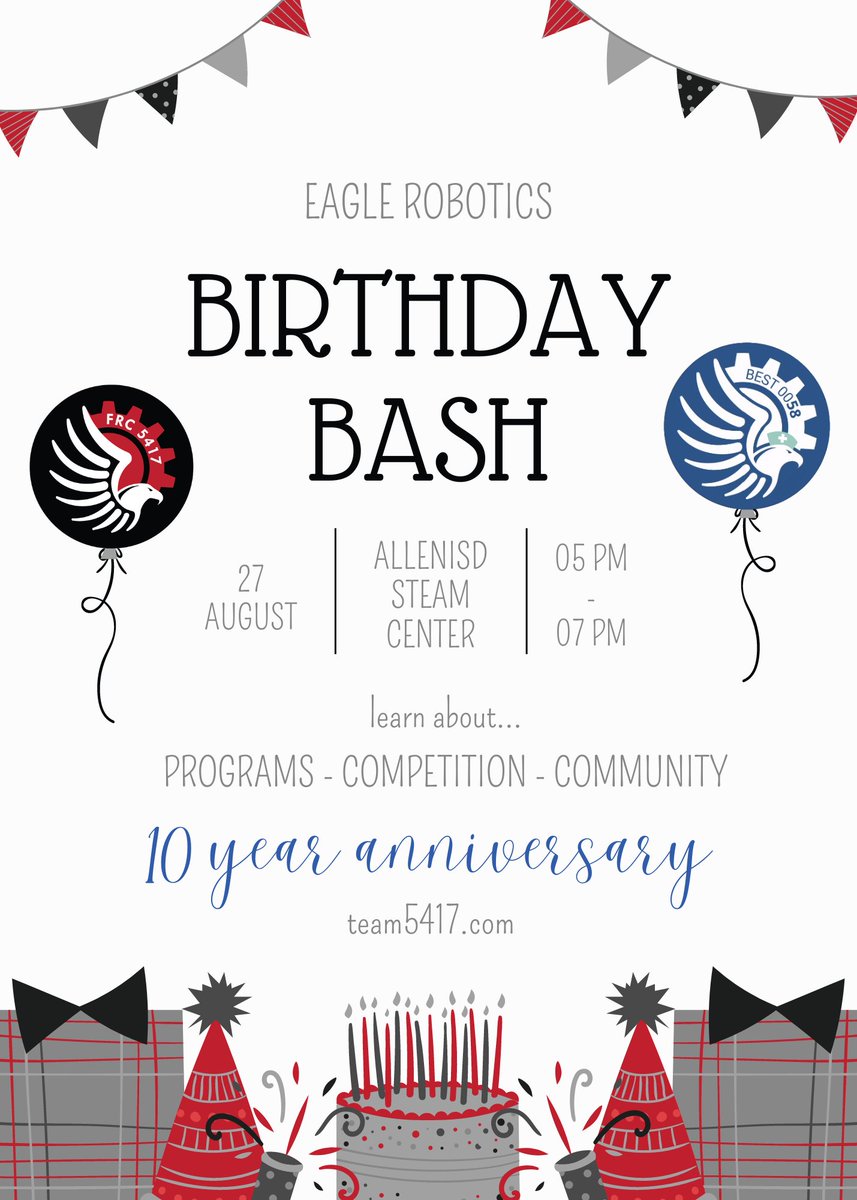 AllenRobotics's tweet image. 🎂 Celebrate our annual Birthday Bash with us on August 27th at the Steam Center! Expect fun, games, and robots!
🥳 Invite your friends and come join us to learn about Allen Robotics!
#firstintexas #bestrobotics #allenisd #robotics #allenisdsteamcenter #morethanrobots