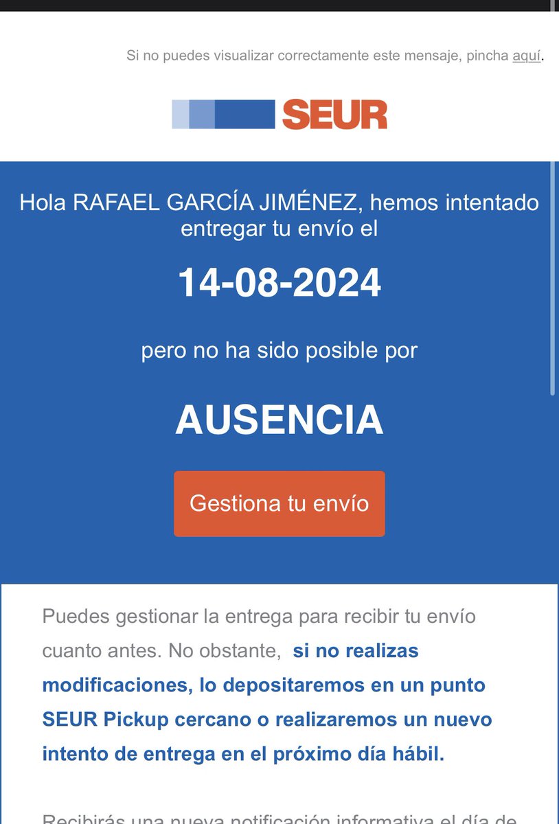 CastelldeFerro's tweet photo. Llevo toda la tarde en mi casa, lo de @SEUR es de traca. Siempre igual. @SEUR_responde https://t.co/FkPcCeoZvP