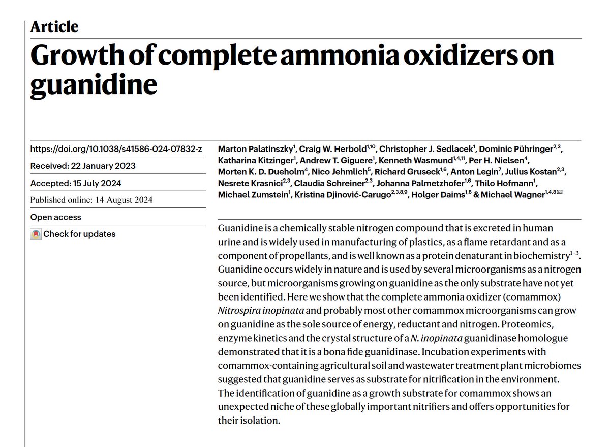 Michael Wagner (@michiwagner4) on Twitter photo A new substrate for #nitrification by #comammox microbes: #Guanidine
So glad to see this out in <a href="/Nature/">nature</a> today ā great collaborative effort from our @FWF Cluster of Excellence, <a href="/univienna/">UniversitƤt Wien</a>, team <a href="/aalborg_uni/">Aalborg Universitet</a>, and <a href="/UFZ_de/">UFZ</a>
nature.com/articles/s4158⦠A new substrate for #nitrification by #comammox microbes: #Guanidine
So glad to see this out in <a href="/Nature/">nature</a> today ā great collaborative effort from our @FWF Cluster of Excellence, <a href="/univienna/">UniversitƤt Wien</a>, team <a href="/aalborg_uni/">Aalborg Universitet</a>, and <a href="/UFZ_de/">UFZ</a>
nature.com/articles/s4158ā¦