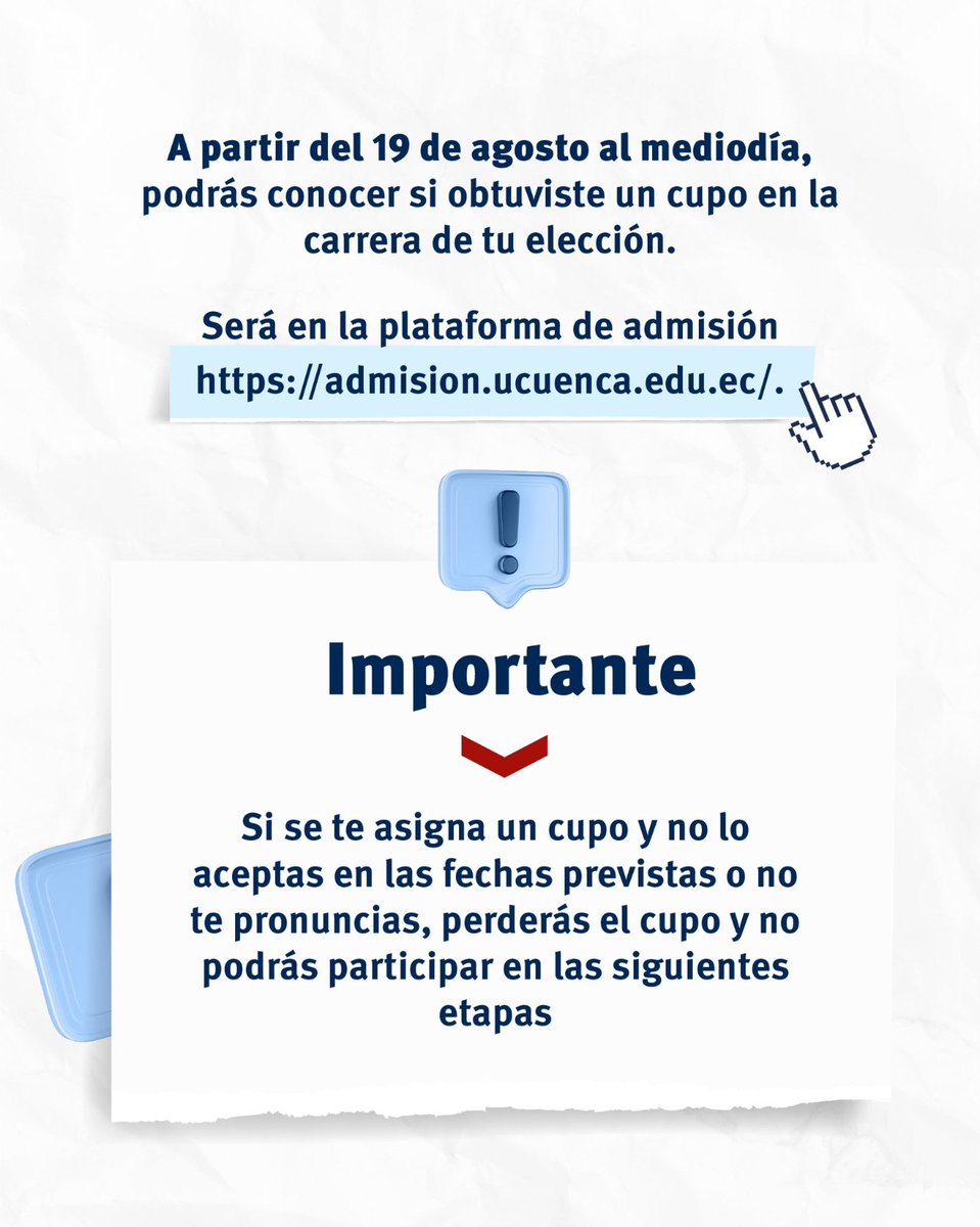 CarlosDavid_P's tweet photo. 📢 #AdmisiónUCuenca | Del 19 al 22 de agosto 🗓️ se realizará la primera aceptación de cupo. https://t.co/Q8AHQ9n67y