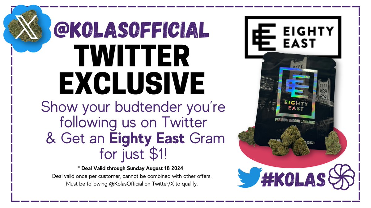kolasofficial's tweet photo. FOLLOWER EXCLUSIVE 😍
Show this tweet & that your following us to your budtender to get a bonus Eighty East Gram for $1!
*Valid through Sunday 8/18, once per customer, & cannot be combined with any other deals*
#KOLAS #Sacramento #Cannabis #Weed #Dispensary #Deals #EightyEast https://t.co/FS6u27OWsr