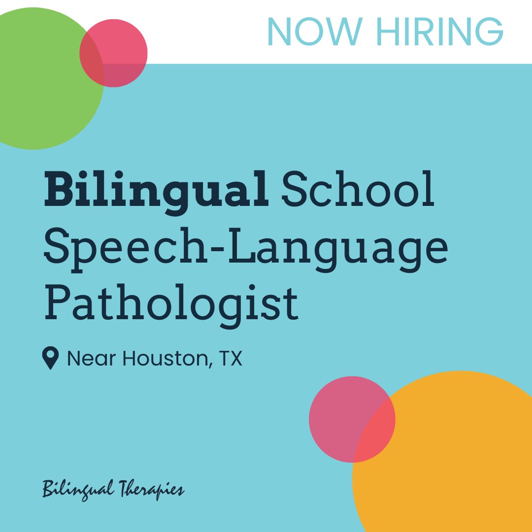 BilingualThera's tweet photo. Bilingual Therapies has an opening for an experienced #bilingualSLP (English and Spanish) to supervise a CF-SLP in a school near Houston, Texas! 

Learn more about this 2024-2025 school year position and apply here: https://t.co/KnCcrlEE30

#SLPjob #SpeechLanguagePathologist https://t.co/R4G0dPn5SM