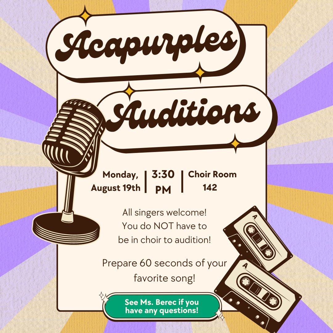 Acapurples auditions will take place this upcoming Monday! Show up and show out!

*All former members must audition*

Rehearsals will take place after school twice a week on a Monday, Wednesday, or Friday depending on which group you are selected to be in!