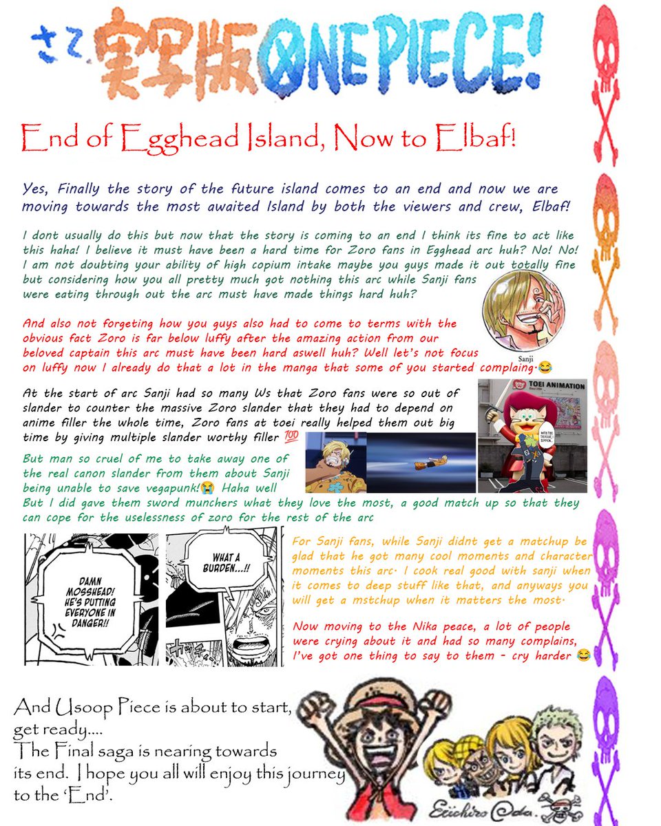 Captain_Dead159's tweet photo. #ONEPIECE1123 
Eiichira Oda's message for everyone regarding the end of this arc - "End of Egghead Island, Now to Elbaf!" https://t.co/UWEYICJpJ9