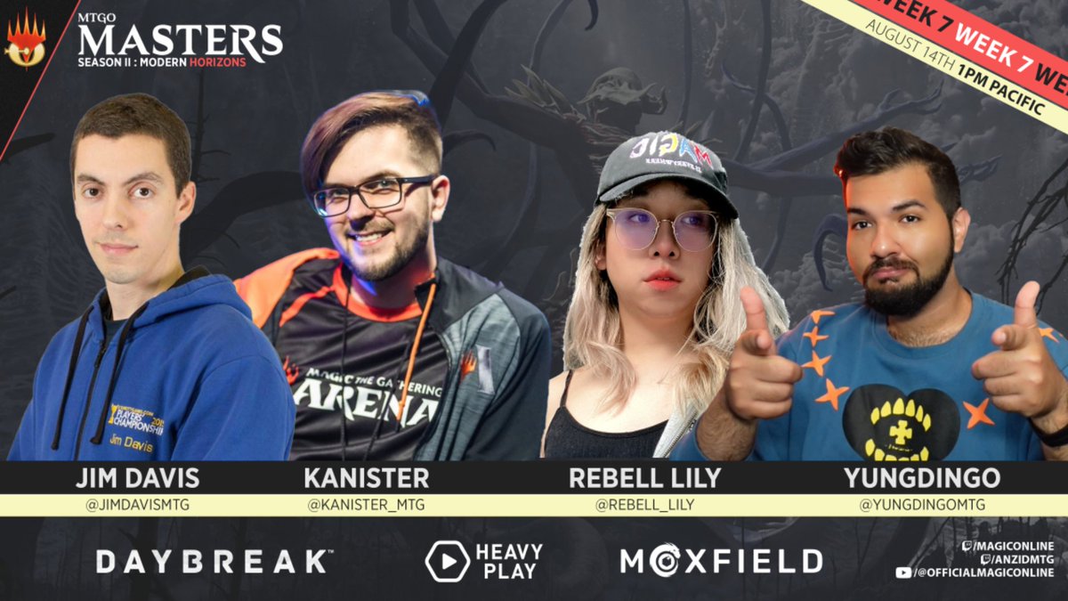 MagicOnline's tweet image. Tuning decks for the RCQ meta on today&apos;s #MTGOMasters!

Watch now, live at:
twitch.tv/magiconline
twitch.tv/anzidmtg

🔸 Hosts
🔹 @TheWillHallExp
🔹 @anzidmtg

🔸 Pod 7
🔹 @JimDavisMTG
🔹 @Rebell_Lily
🔹 @kanister_mtg
🔹 @YungDingoMTG

Sponsors: @HeavyPlayLLC, @moxfieldmtg