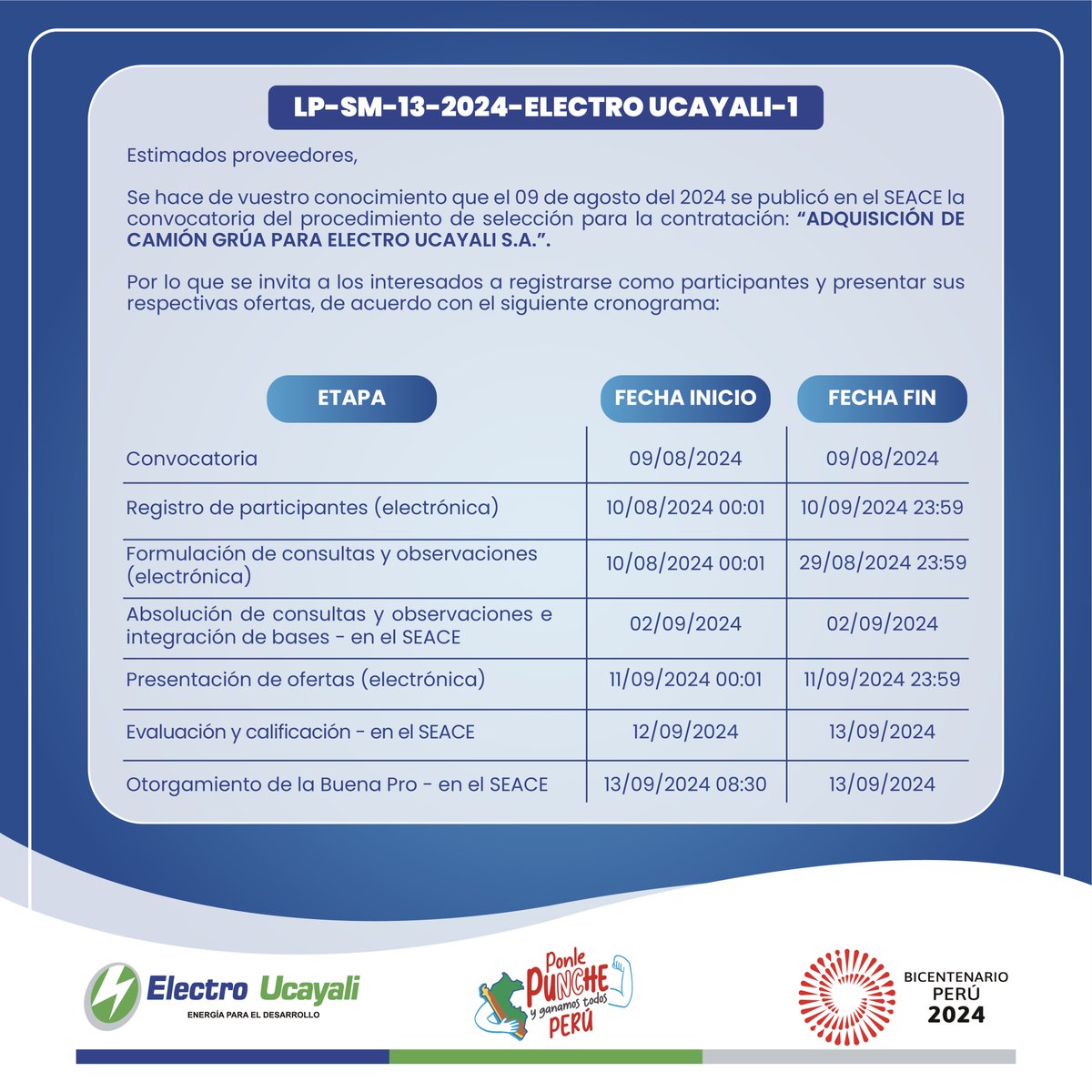 ElectroUcayali's tweet photo. 📣¡Atención Proveedor!

Participa del  siguiente procedimiento de selección:
🔹Licitación Pública N° LP-SM-13-2024-ELECTRO UCAYALI-1

ℹ️ Para mayor información ingresar al portal de OSCE - Organismo Supervisor de las Contrataciones del Estado: https://t.co/dIh7uxuHGd https://t.co/KkGG3g3Mml